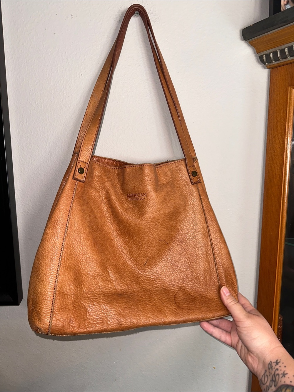Leather Shoulder Tote in Cognac Brown